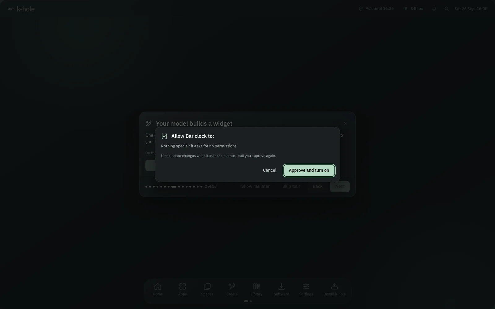 An approval sheet: Allow Bar clock to, nothing special, it asks for no permissions, with Cancel and Approve and turn on.