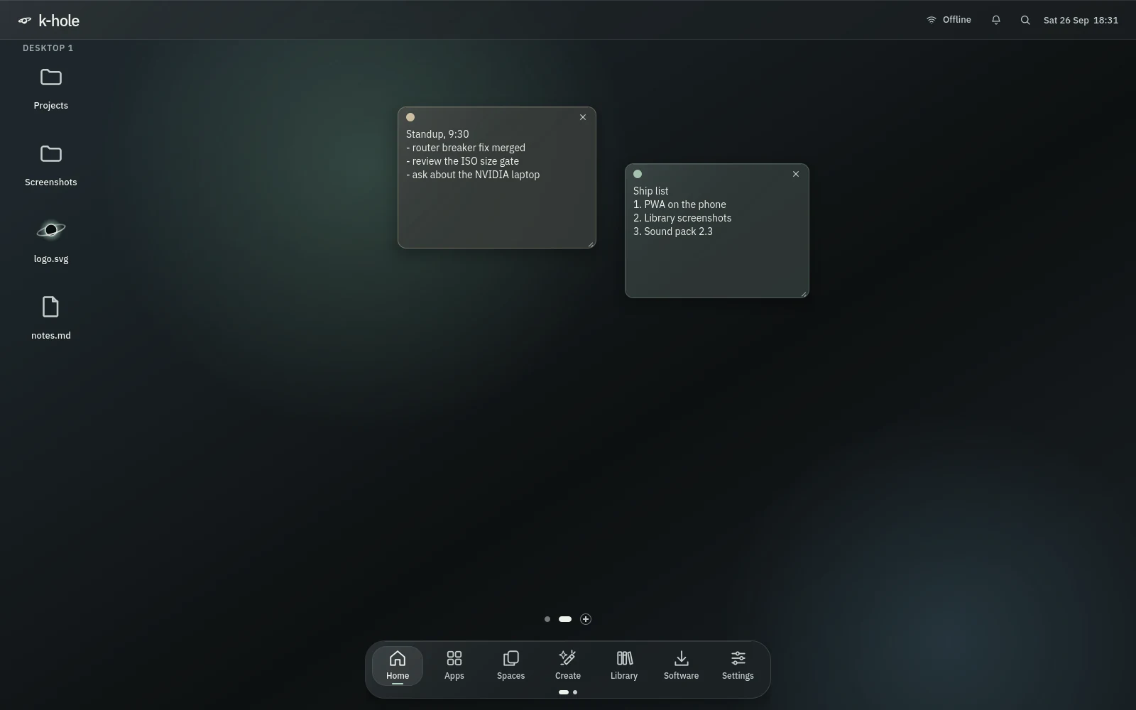 Desktop 1 with folder and file icons and two sticky notes, a standup list and a ship list.