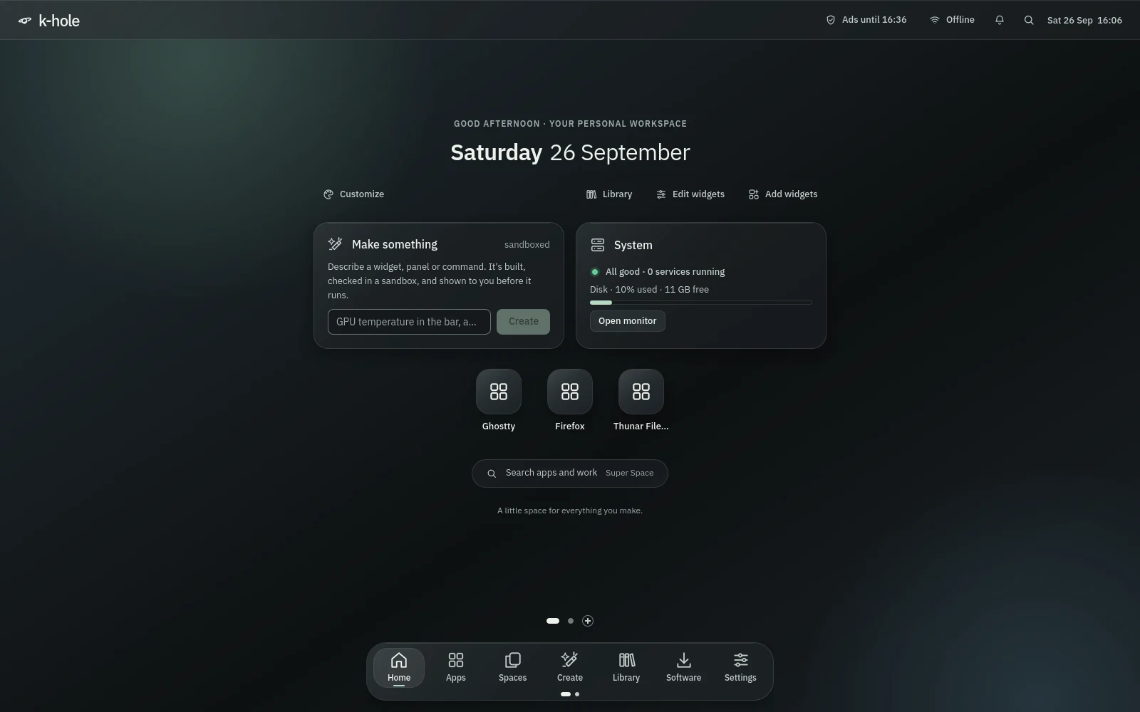 Home: Saturday 26 September, the Make something and System cards, three pinned apps and the dock.