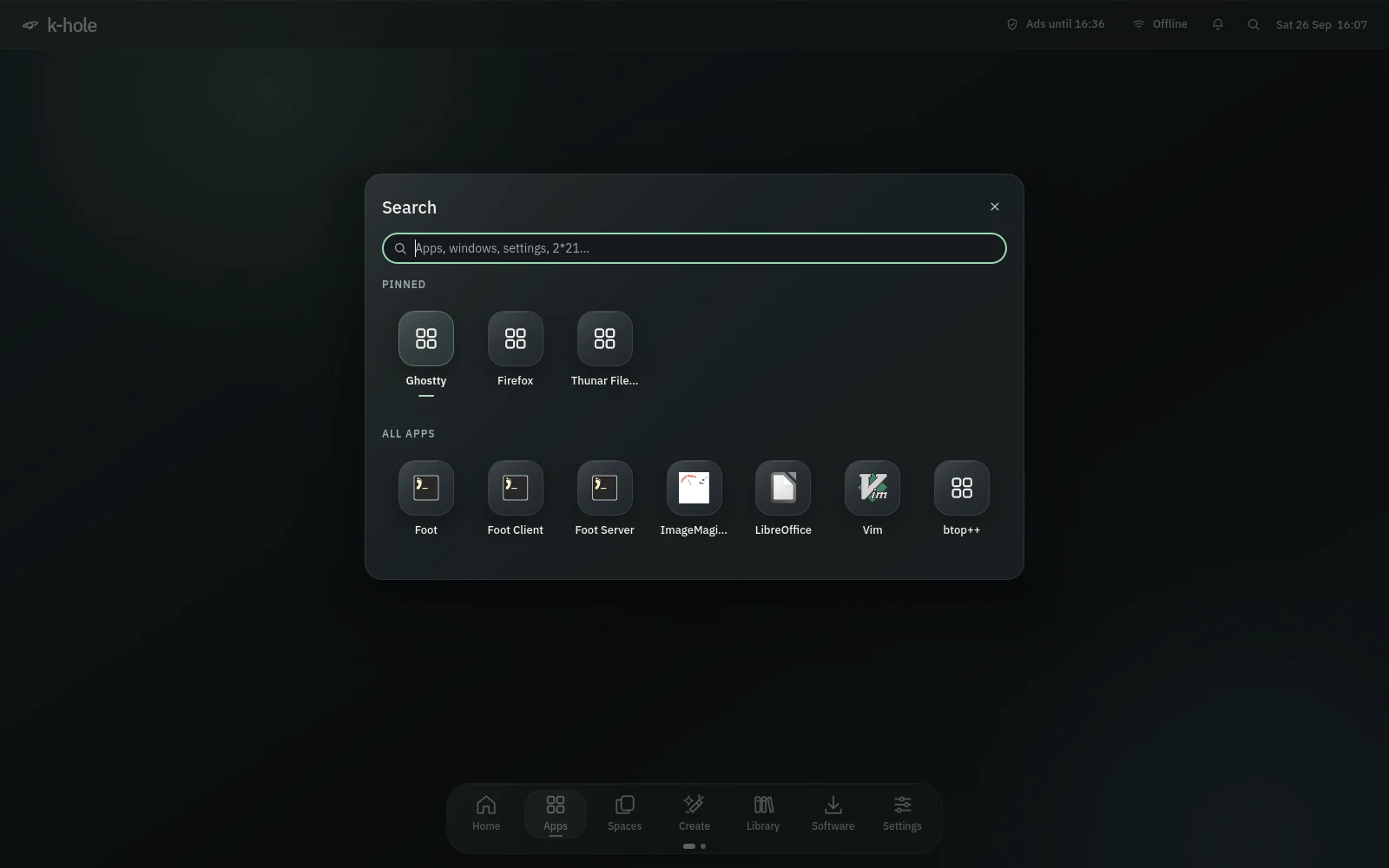 Search: a field for apps, windows, settings and sums, pinned apps and all apps.