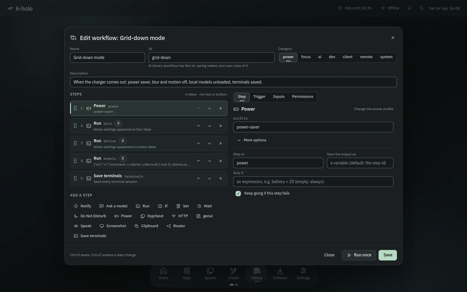 The workflow editor on Grid-down mode: five steps (power saver, blur off, motion off, unload models, save terminals), the step inspector and a palette of step types.