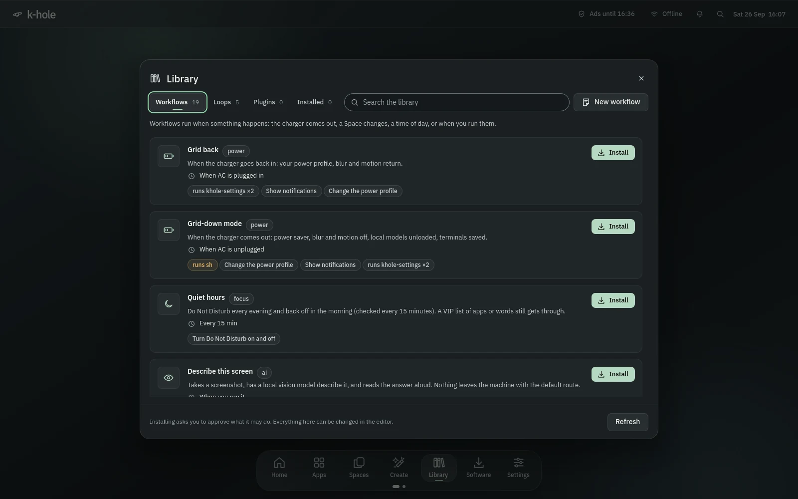 The Library on its Workflows tab: Grid back, Grid-down mode, Quiet hours and Describe this screen, each with its trigger, its permissions and an Install button.