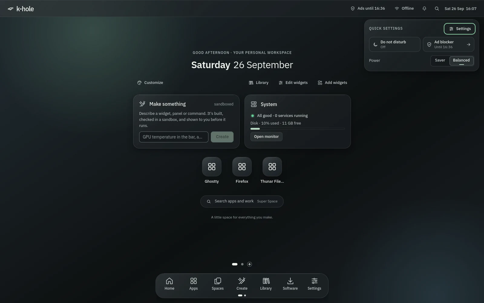Quick settings under the top bar: Do not disturb, Ad blocker until 16:36, and a Saver or Balanced power switch.