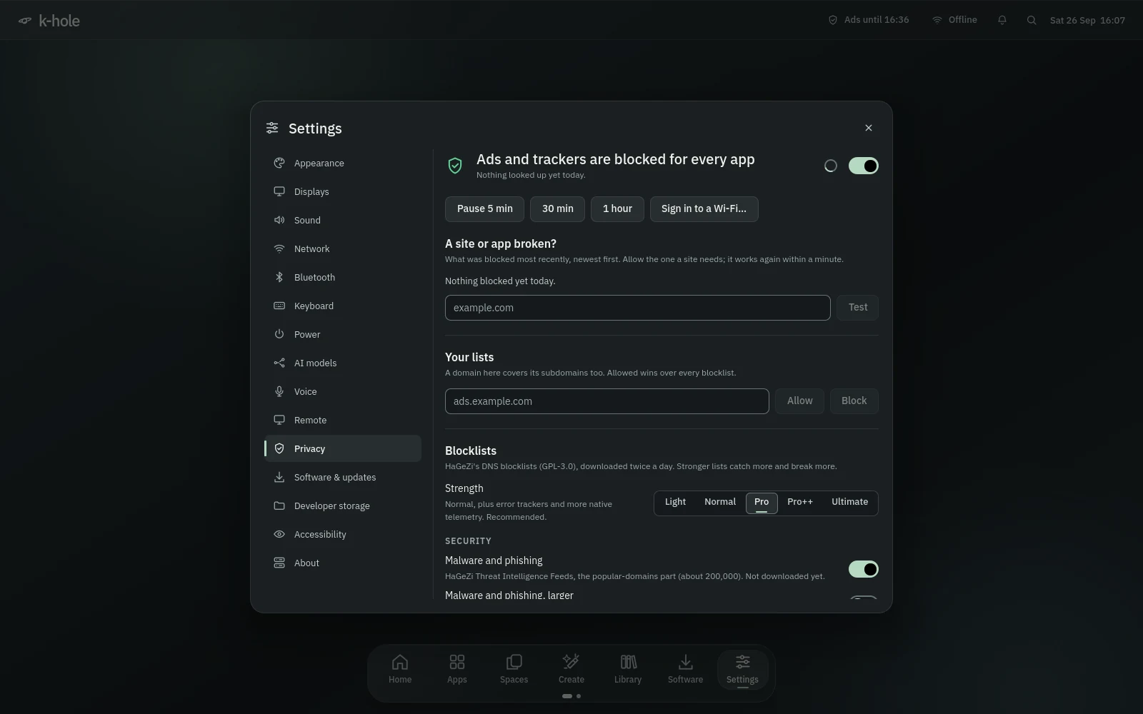 Settings, Privacy: ads and trackers are blocked for every app, pause buttons, a domain tester, your allow and block lists, and blocklist strength.