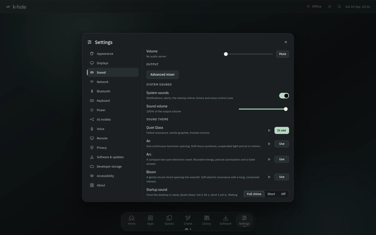 Settings, Sound: volume, system sounds on, sound volume, the four sound themes (Quiet Glass in use, Air, Arc, Bloom) with play buttons, and the startup sound choice.