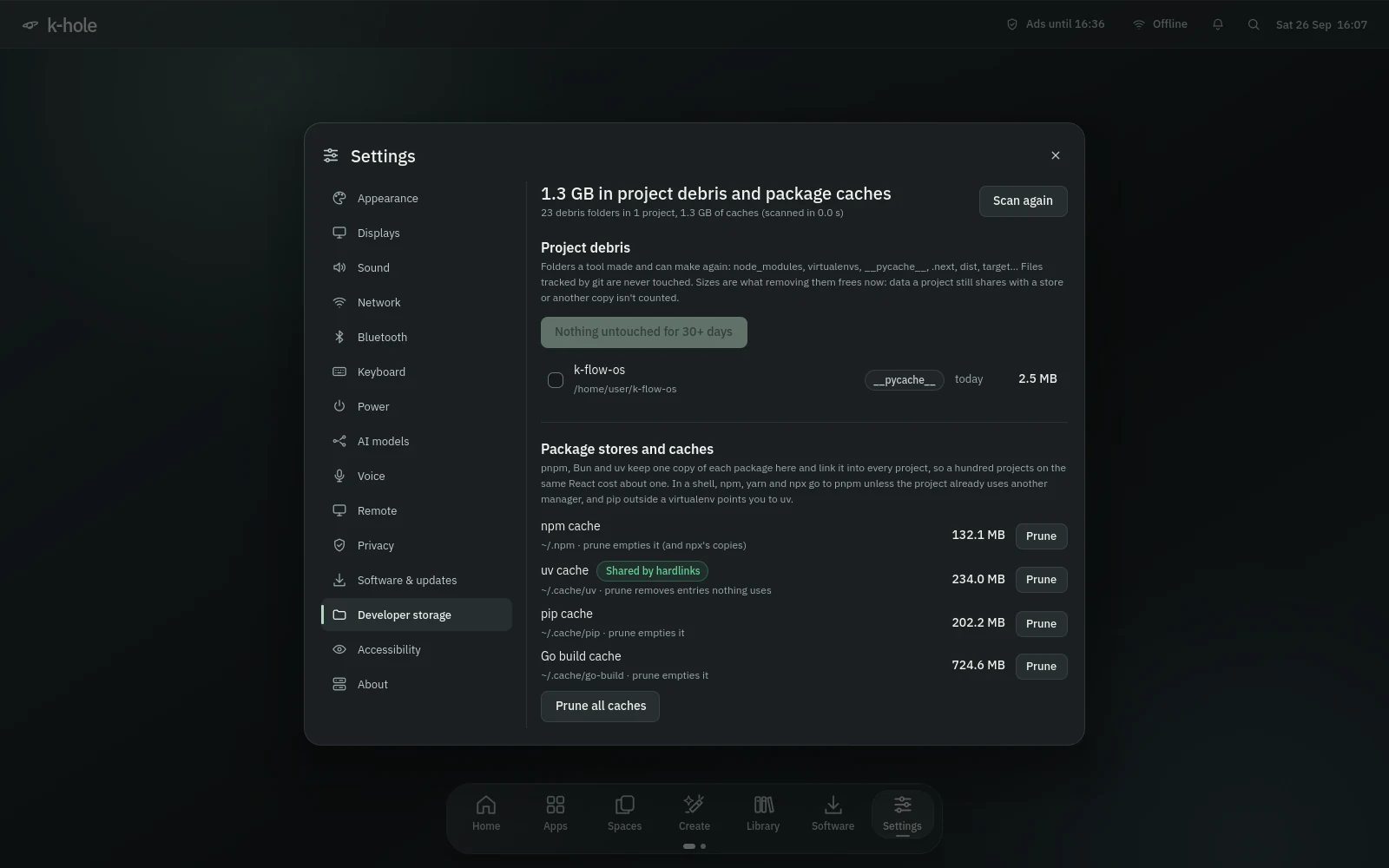 Settings, Developer storage: 1.3 GB in project debris and package caches, a project row, and npm, uv, pip and Go caches with Prune buttons.
